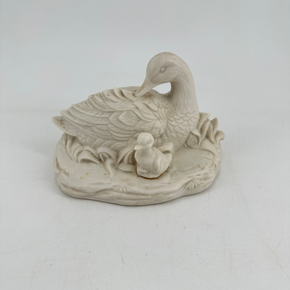 Vintage Signed Carole Ceramic Duck and Duckling Figurine Off-White Matte Finish